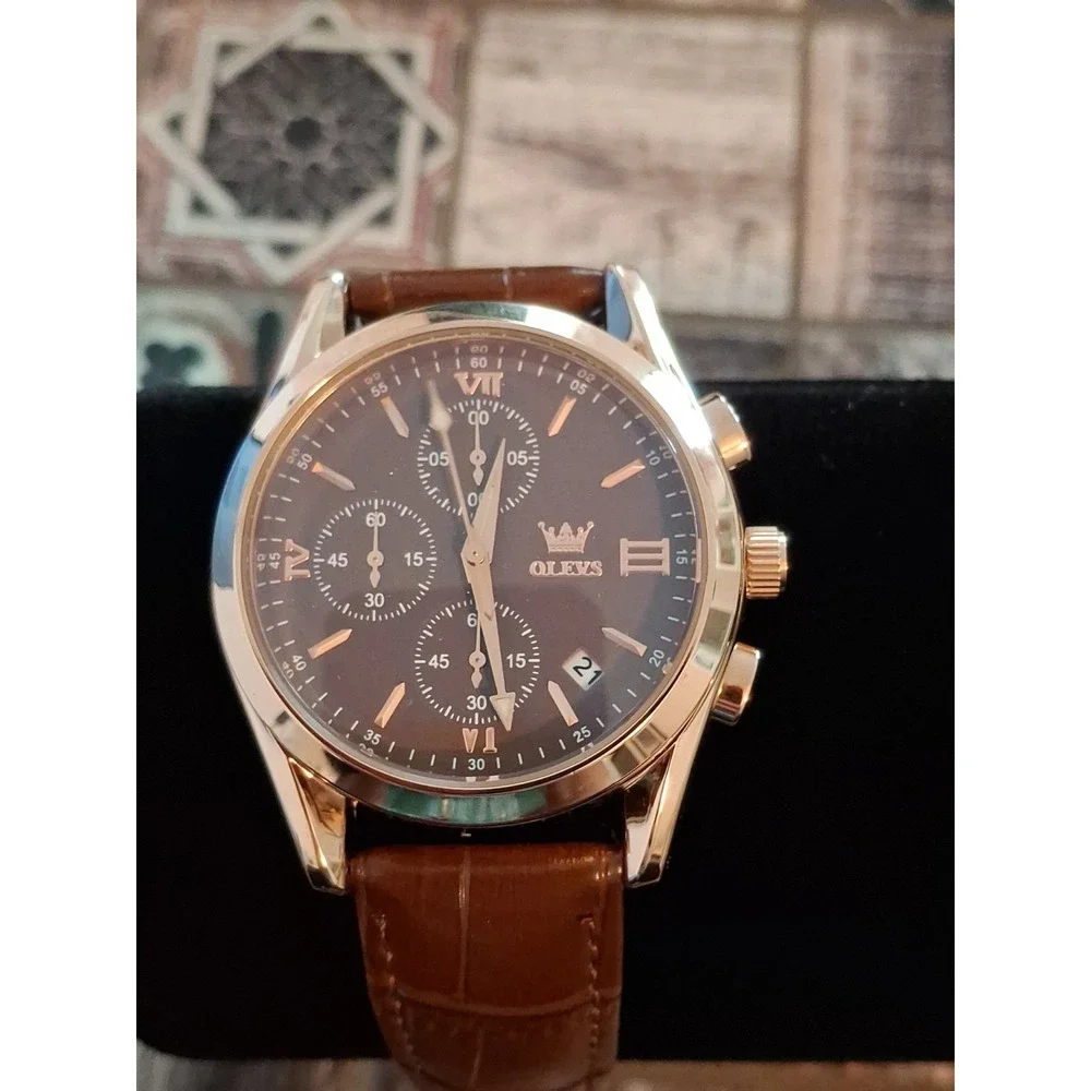 NIB OLEVS 2872G Mens Chrono,Quartz Movement Watch. Brown Dial& Strap. Stainless.
